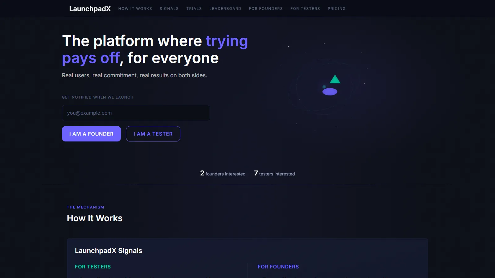 Screenshot of the LaunchpadX landing page