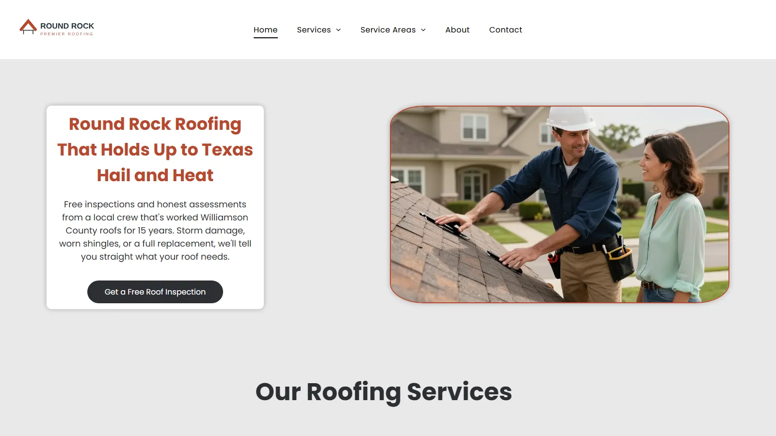 Screenshot of the Round Rock Premier Roofing landing page